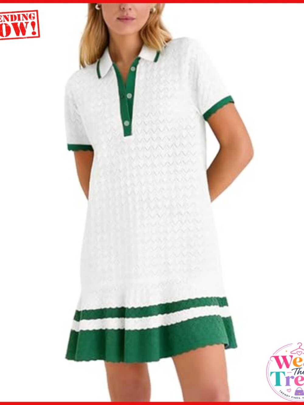 Crochet Hollow Knit Mini Dress Summer Golf V-Neck Short Sleeve